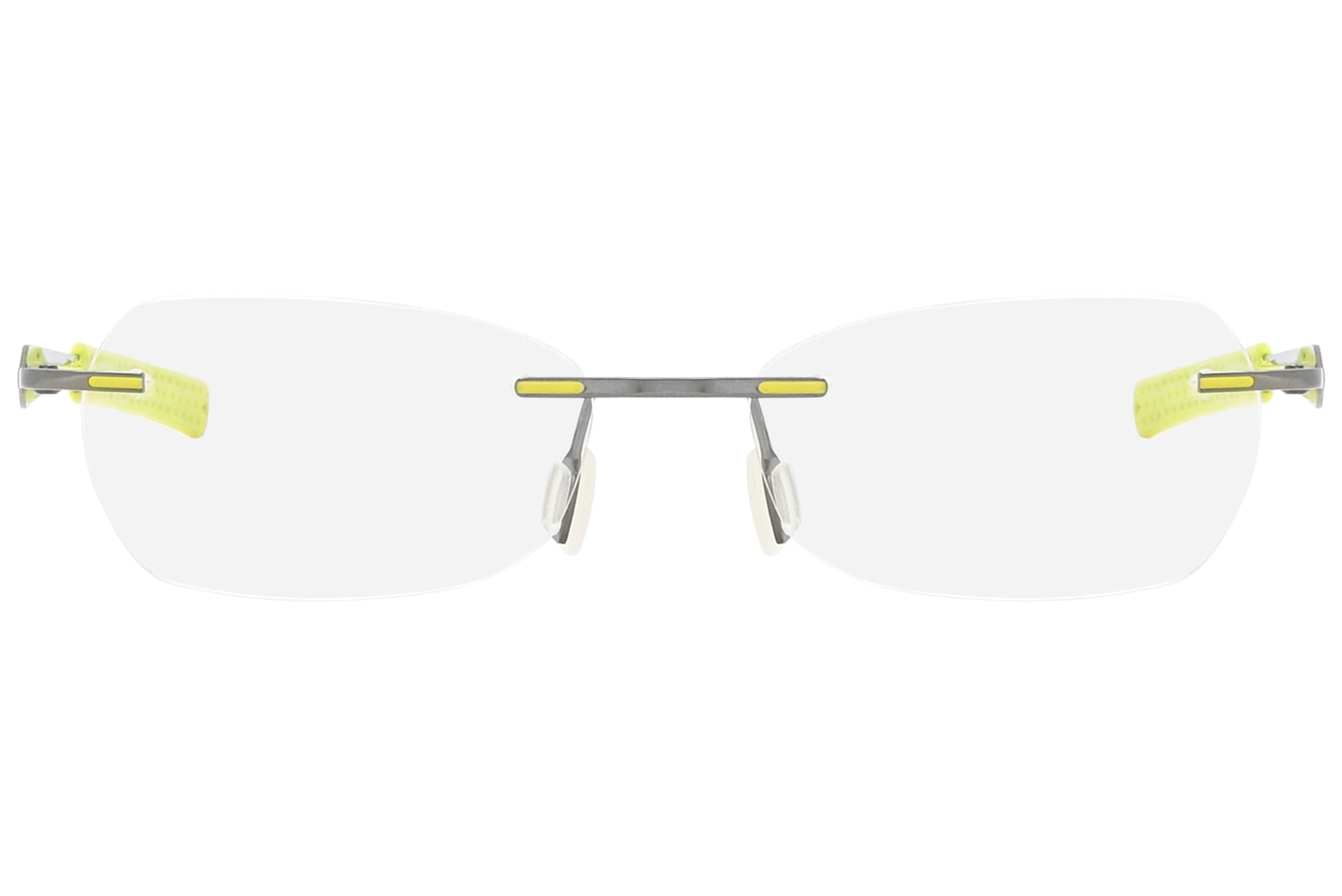 jordan rimless yellow green eyeglasses frame viewed from front angle.