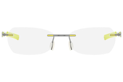 jordan rimless yellow green eyeglasses frame viewed from front angle.