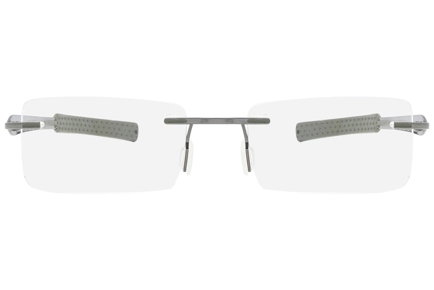 jordan rimless military green eyeglasses frame viewed from front angle.