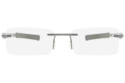 jordan rimless military green eyeglasses frame viewed from front angle.