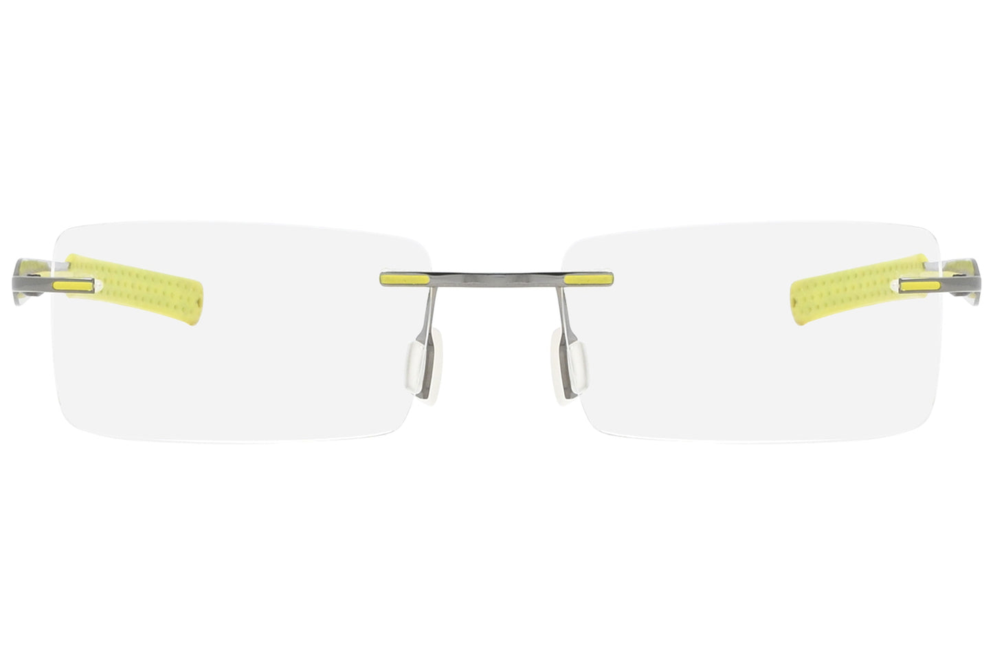 jordan rimless yellow green eyeglasses frame viewed from front angle.