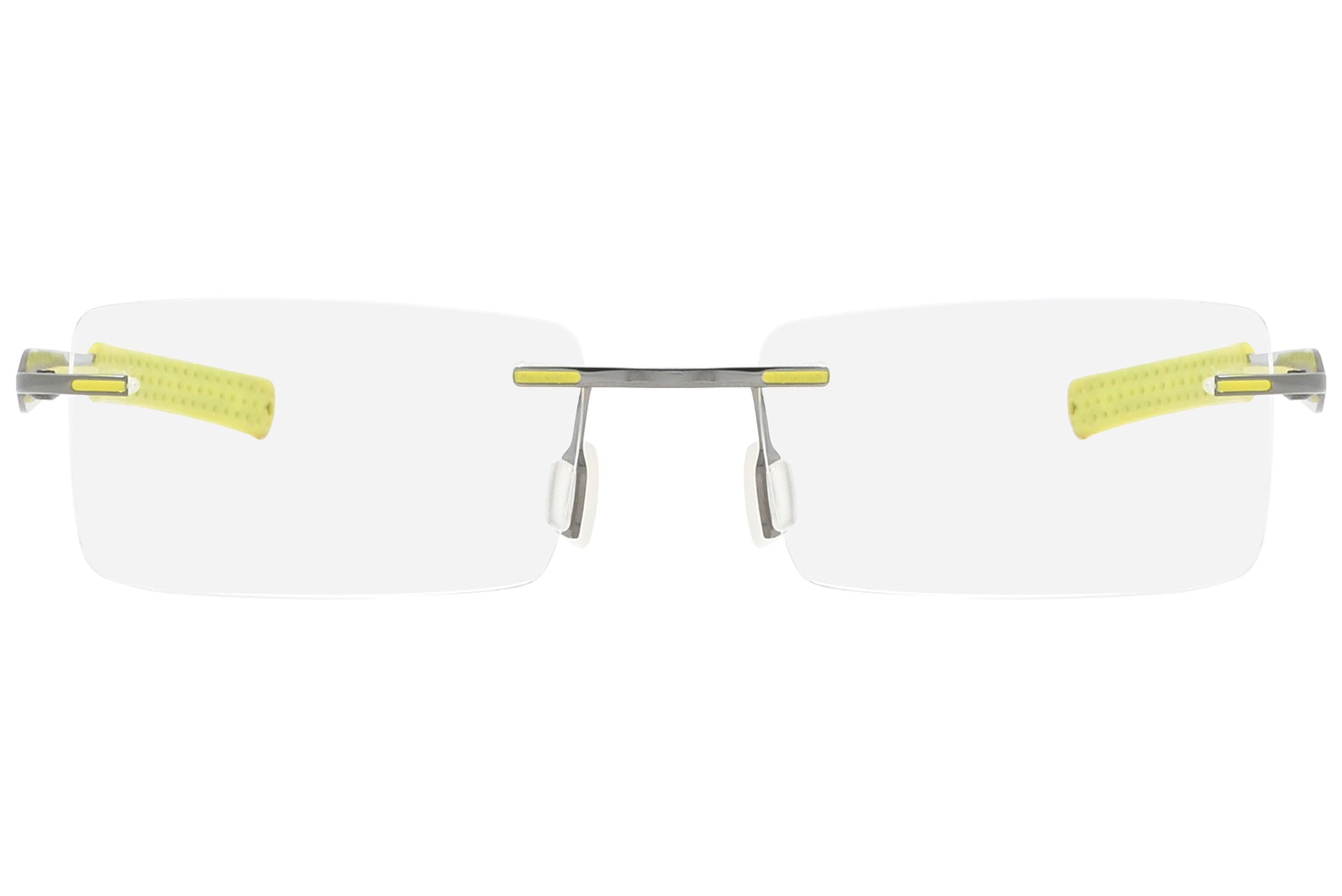 jordan rimless yellow green eyeglasses frame viewed from front angle.