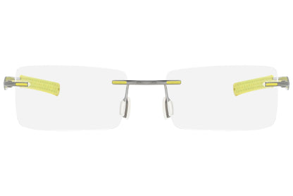 jordan rimless yellow green eyeglasses frame viewed from front angle.