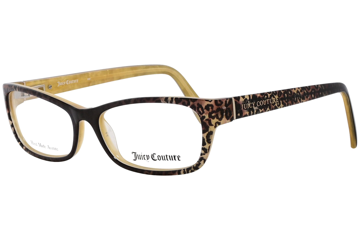 juicy couture rectangle leopard eyeglasses frame viewed from a 45-degree angle.