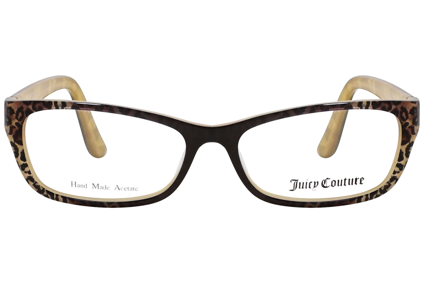 juicy couture rectangle leopard eyeglasses frame viewed from front angle.