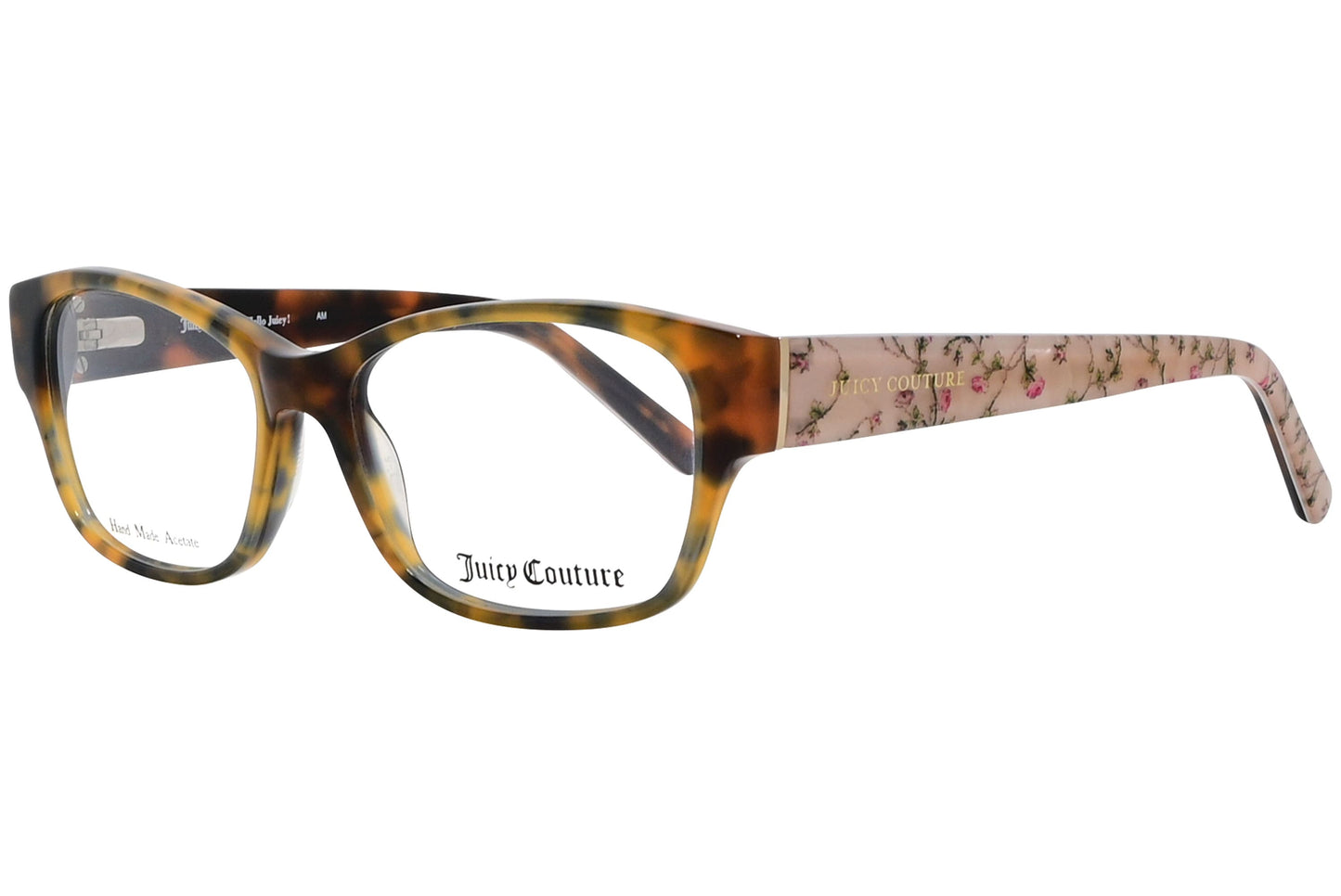 juicy couture wayfarer tortoise eyeglasses frame viewed from a 45-degree angle.