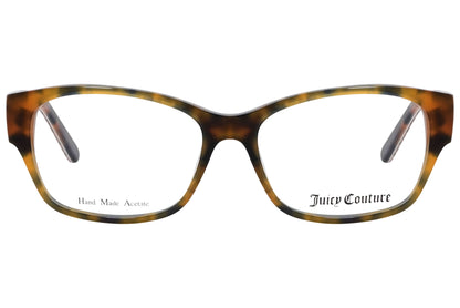 juicy couture wayfarer tortoise eyeglasses frame viewed from front angle.