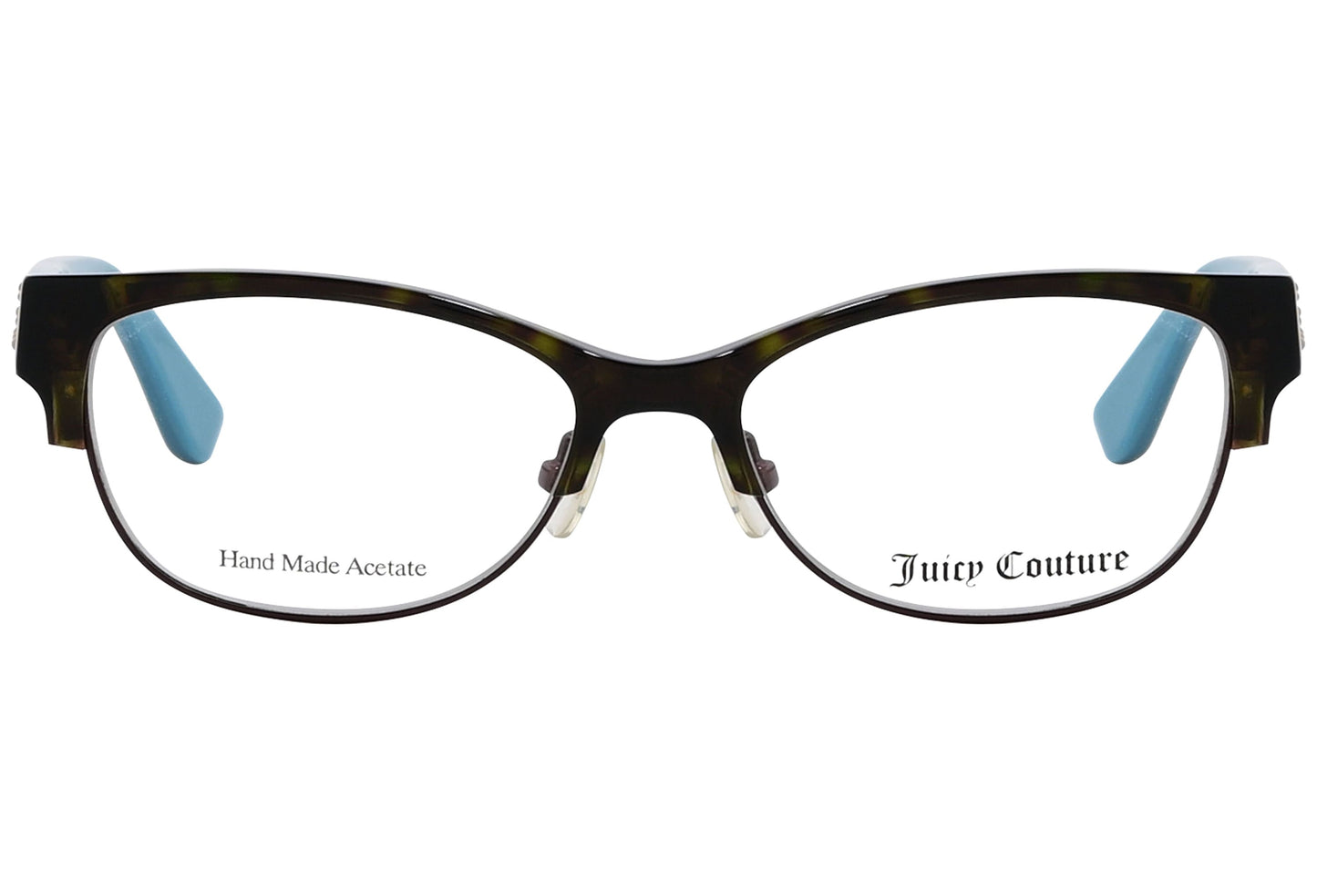 juicy couture browline blue eyeglasses frame viewed from front angle.