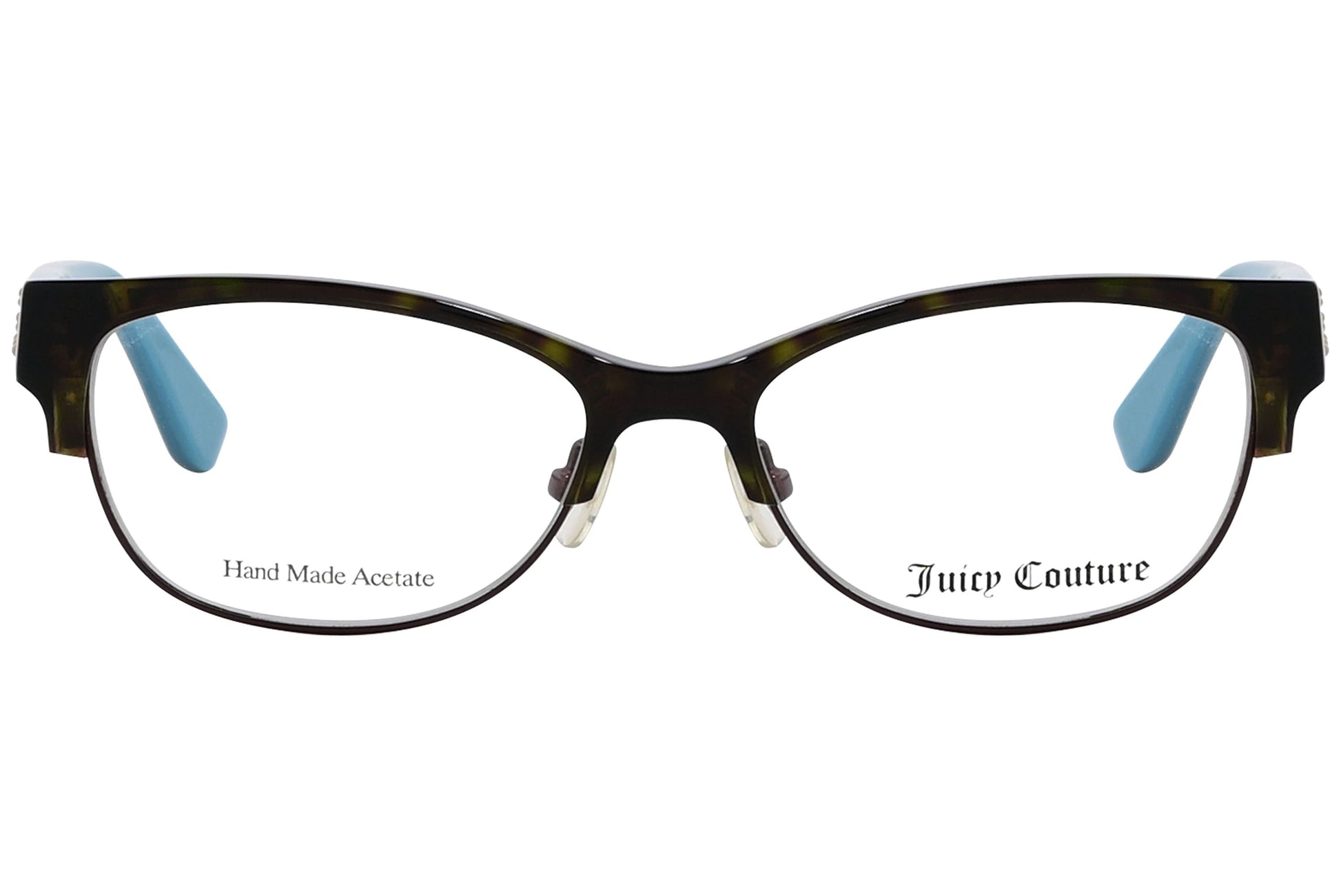 juicy couture browline blue eyeglasses frame viewed from front angle.