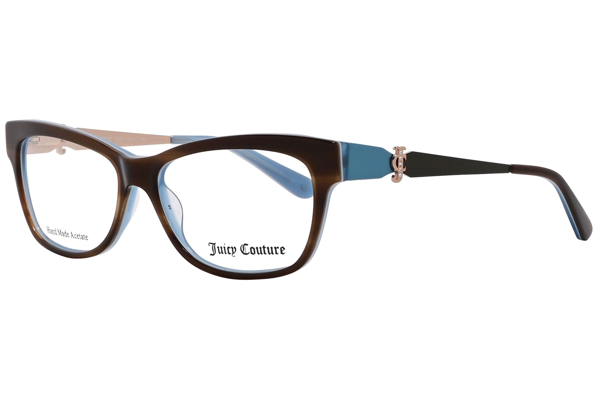 juicy couture wayfarer brown eyeglasses frame viewed from a 45-degree angle.