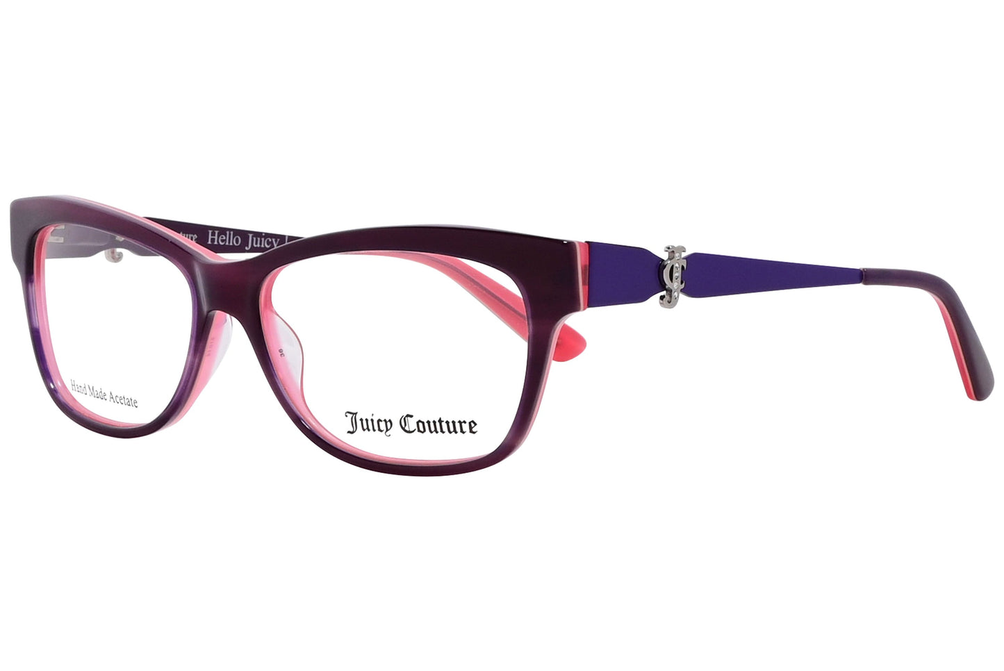 juicy couture wayfarer pink eyeglasses frame viewed from a 45-degree angle.