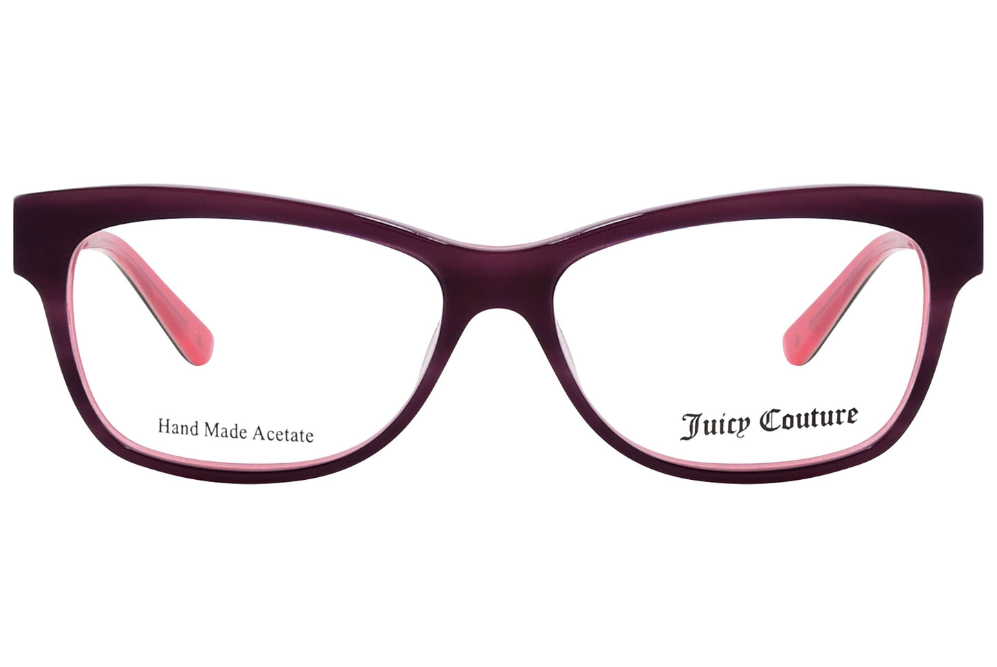 juicy couture wayfarer pink eyeglasses frame viewed from front angle.