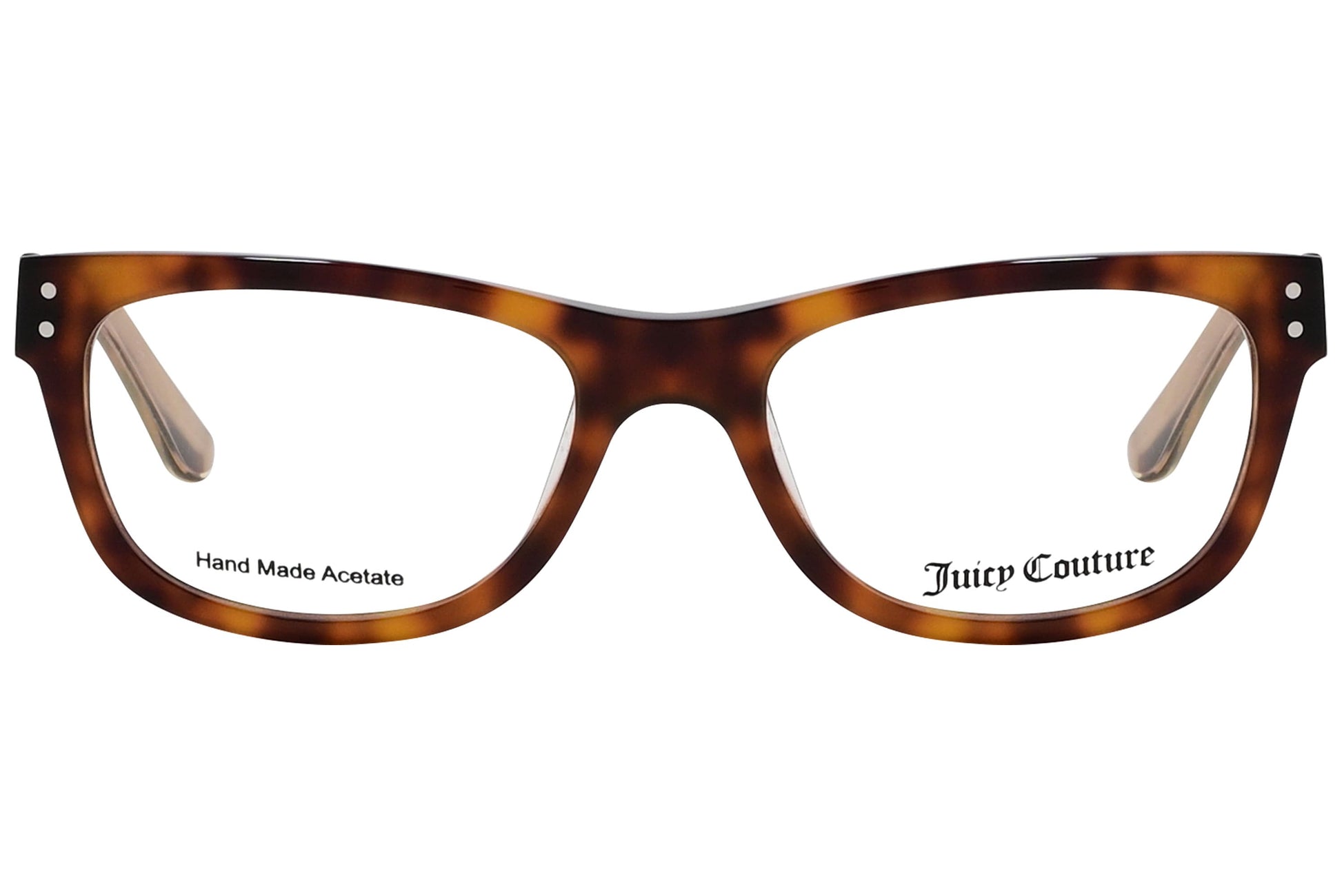 juicy couture wayfarer tortoise eyeglasses frame viewed from front angle.