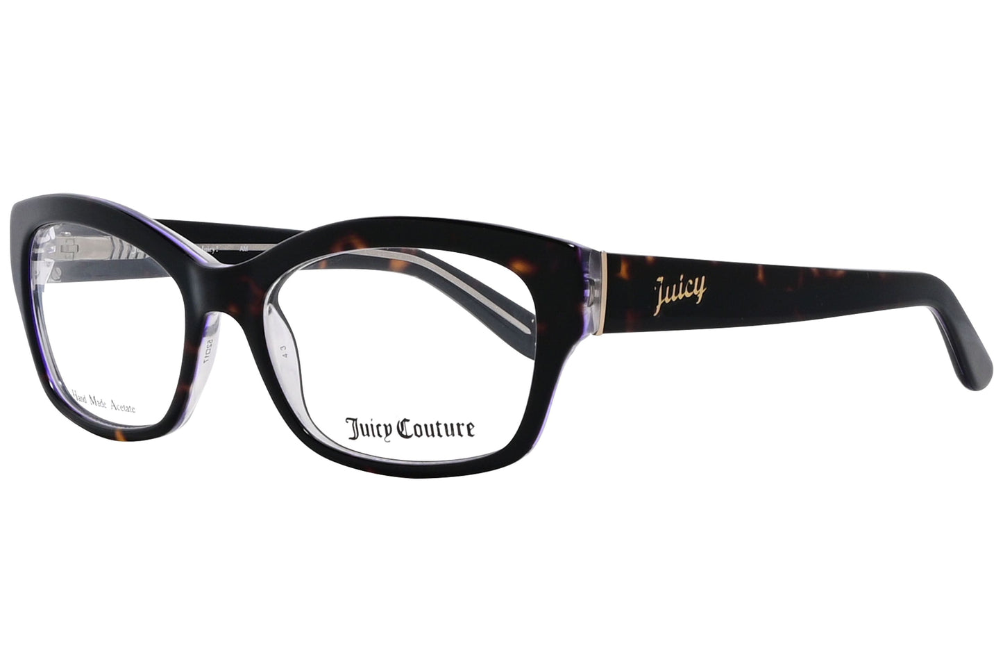 juicy couture wayfarer tortoise eyeglasses frame viewed from a 45-degree angle.