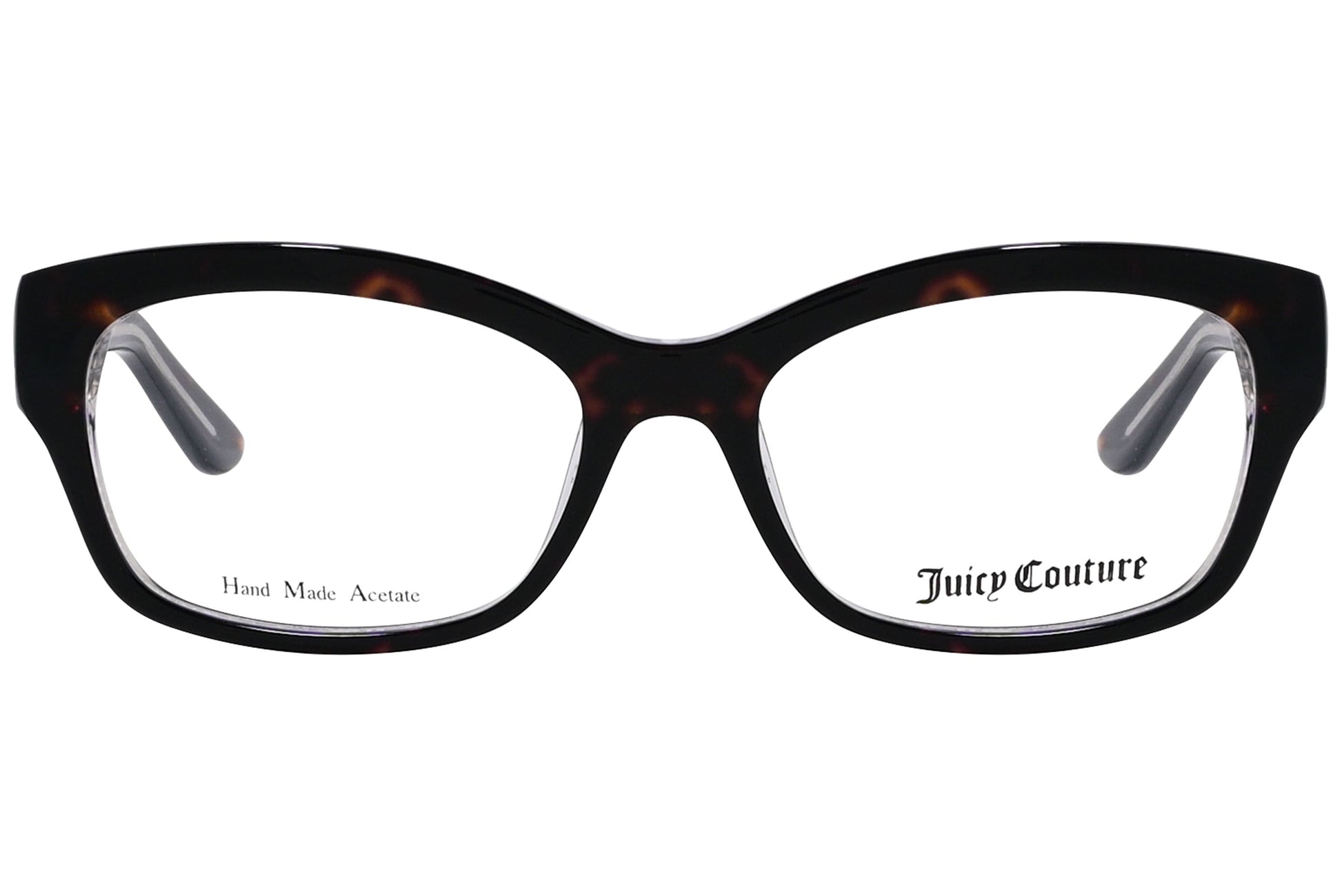 juicy couture wayfarer tortoise eyeglasses frame viewed from front angle.