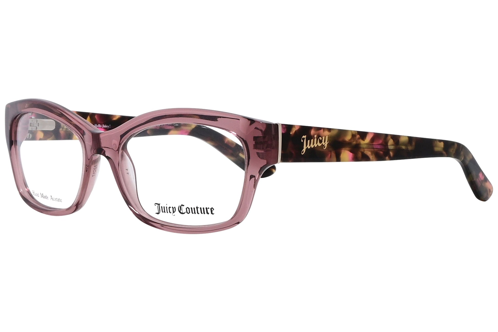 juicy couture wayfarer pink eyeglasses frame viewed from a 45-degree angle.