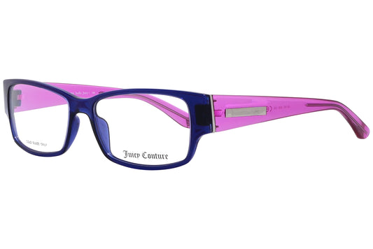 juicy couture rectangle blue eyeglasses frame viewed from a 45-degree angle.