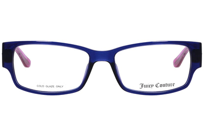 juicy couture rectangle blue eyeglasses frame viewed from front angle.