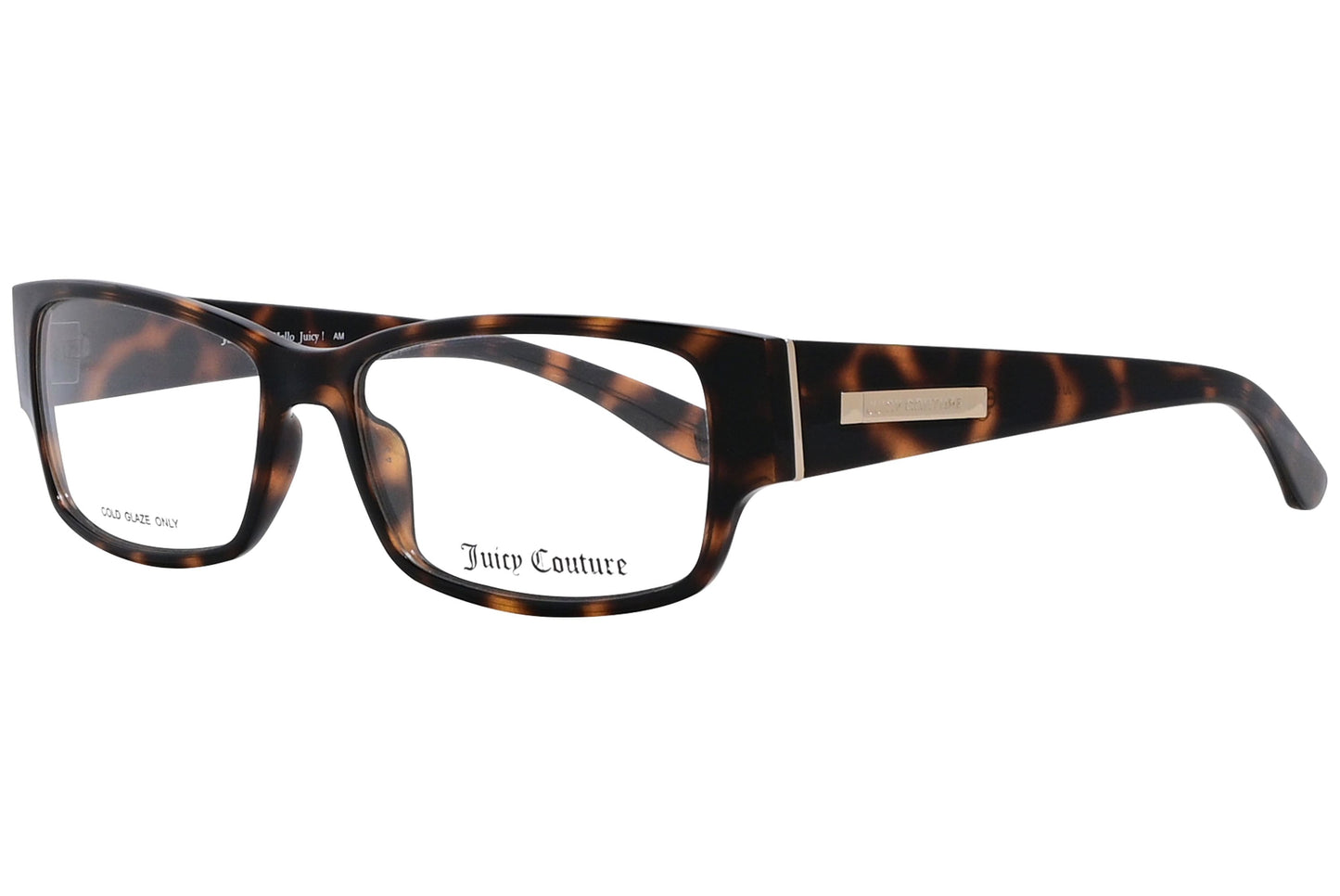 juicy couture rectangle tortoise eyeglasses frame viewed from a 45-degree angle.