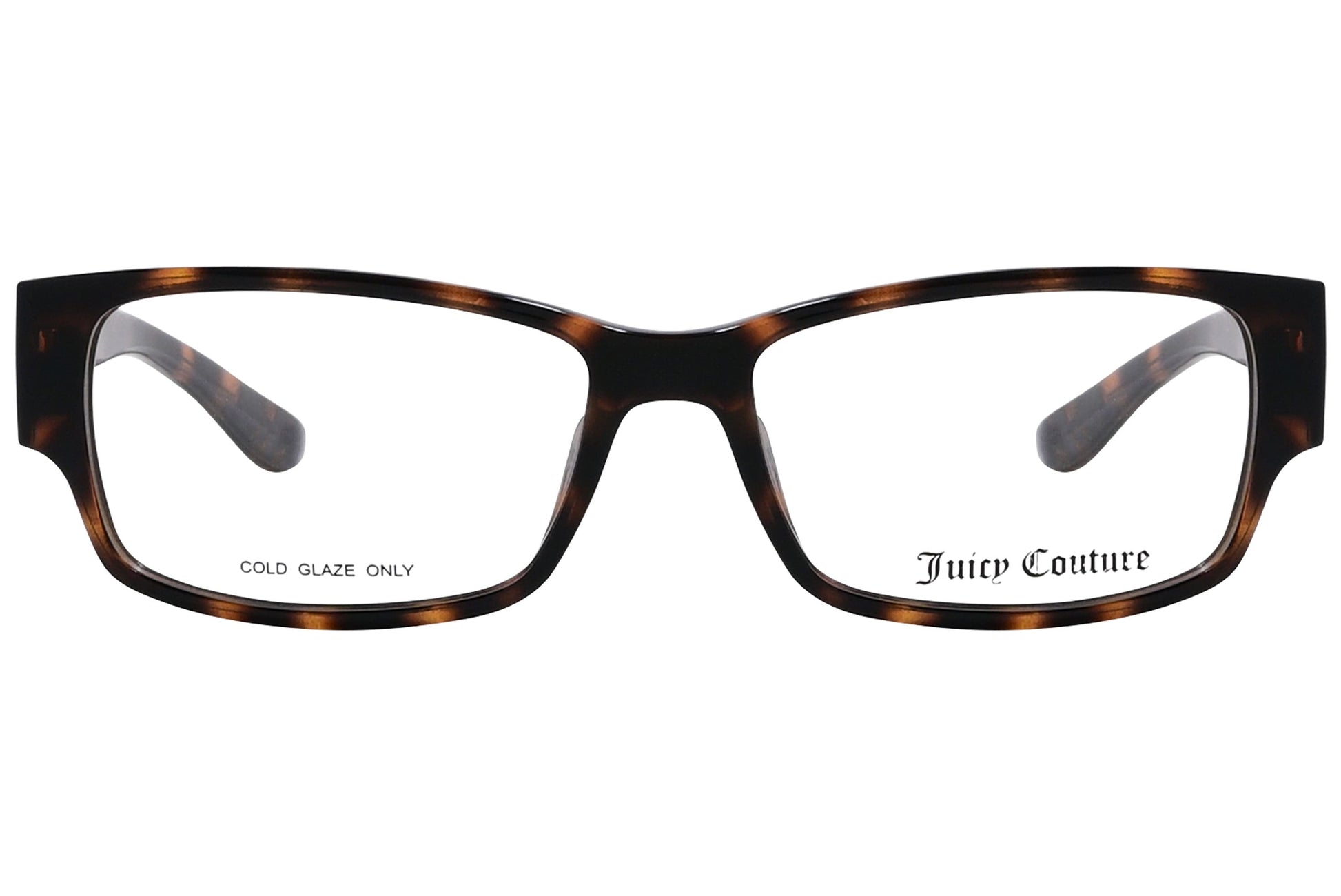 juicy couture rectangle tortoise eyeglasses frame viewed from front angle.