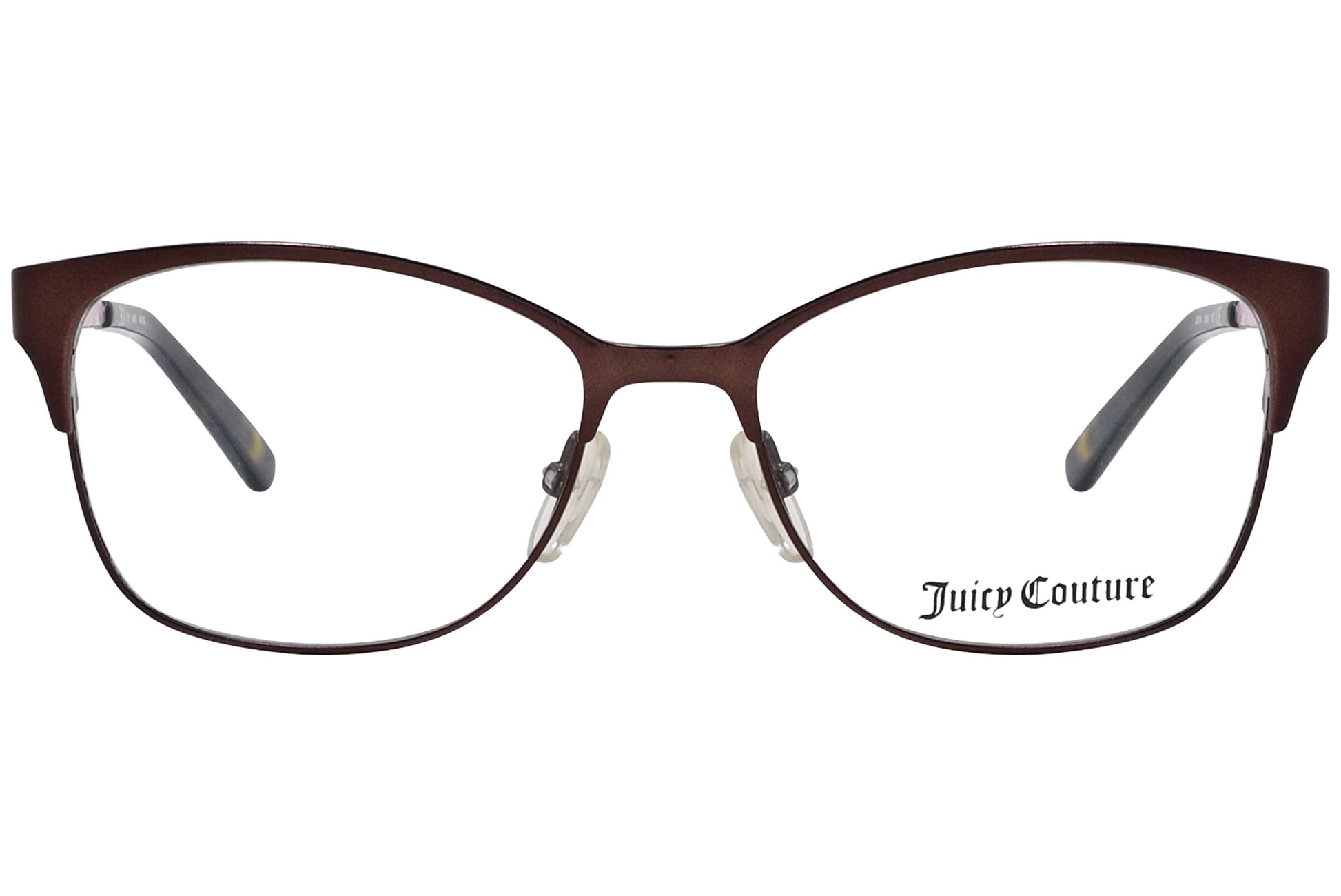 juicy couture rectangle red eyeglasses frame viewed from front angle.