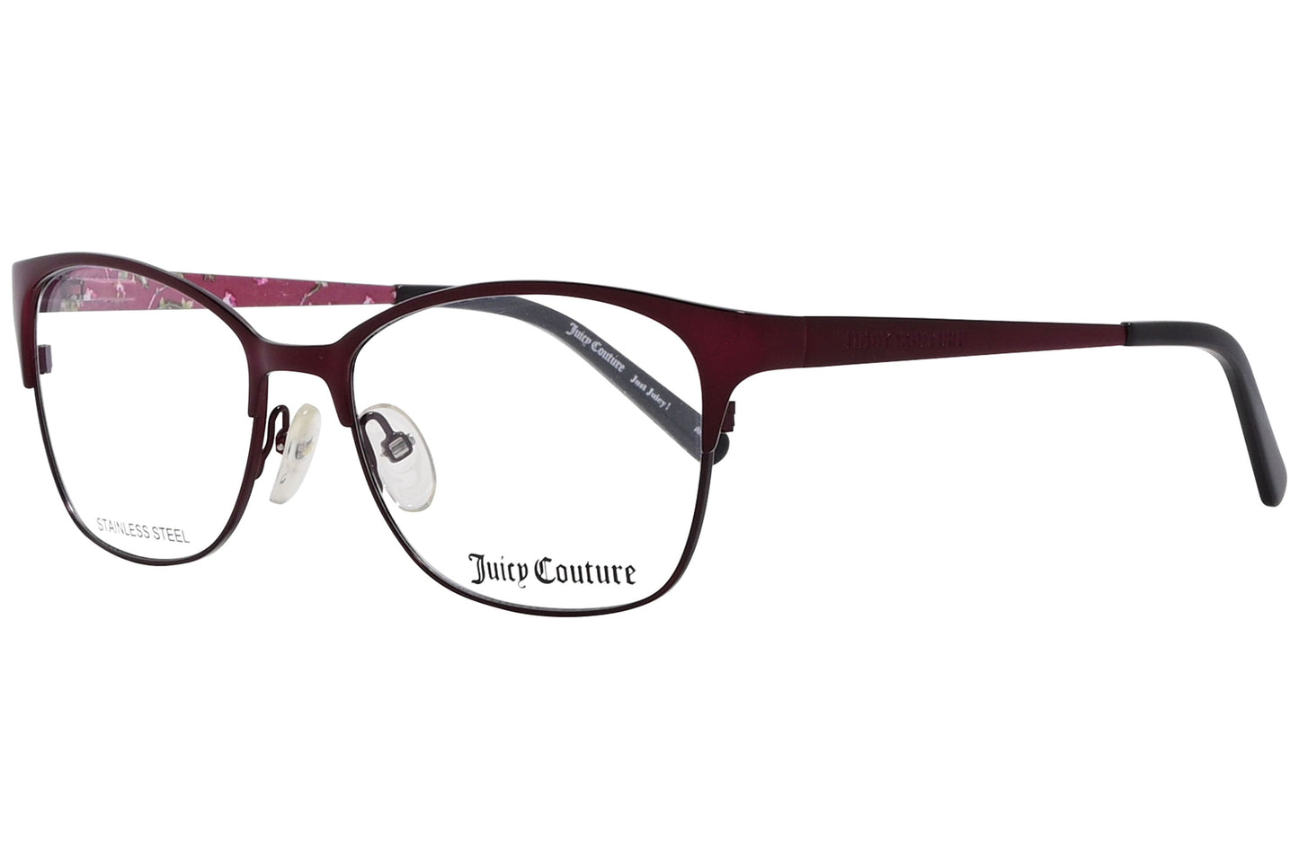 juicy couture rectangle red eyeglasses frame viewed from a 45-degree angle.