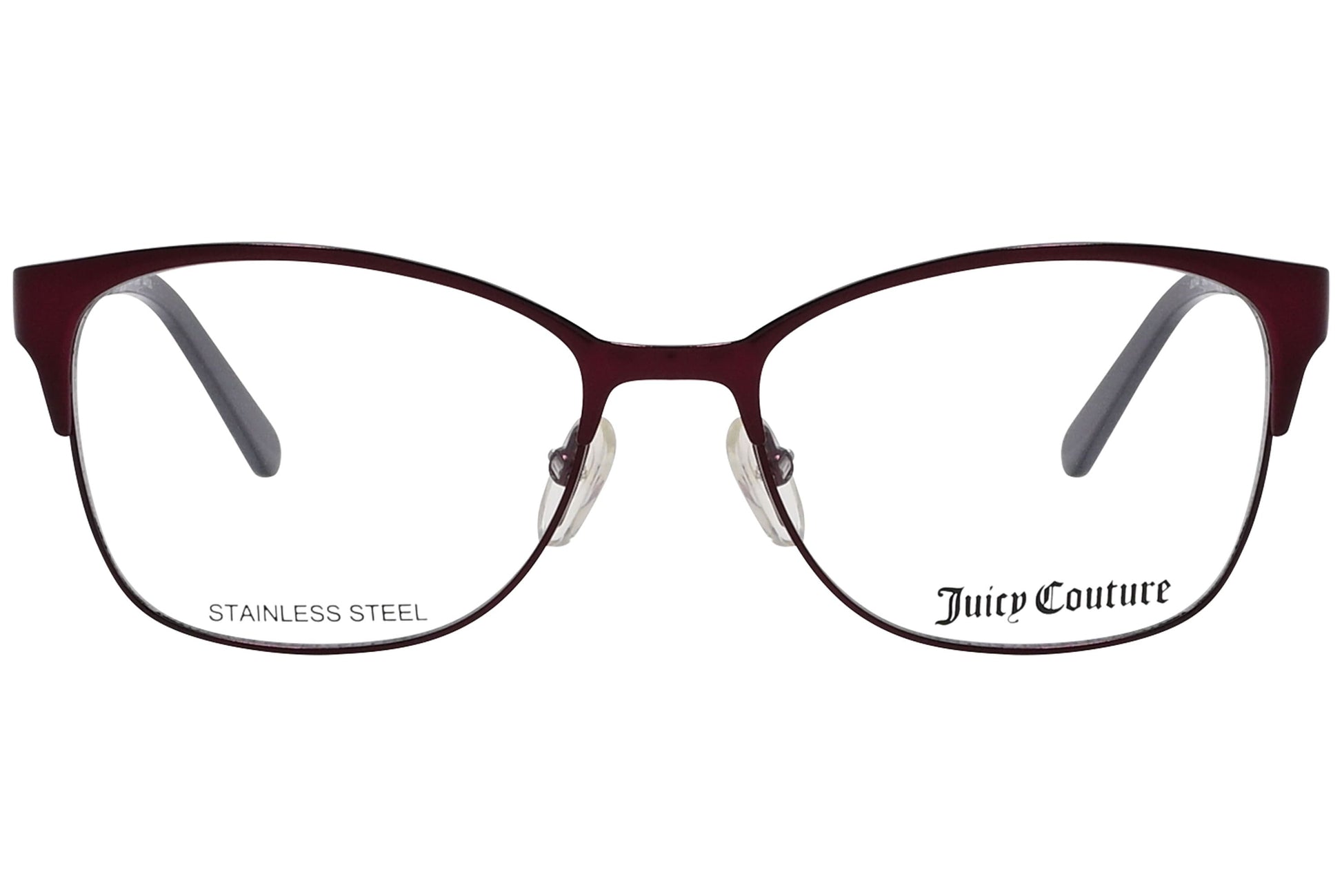 juicy couture rectangle red eyeglasses frame viewed from front angle.