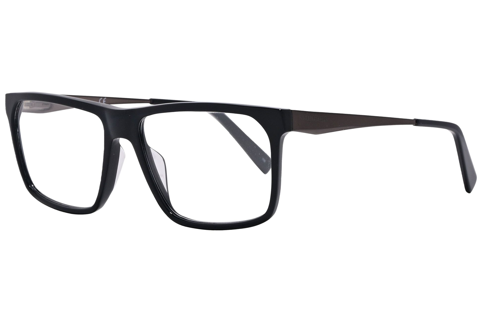 karl lagerfeld wayfarer black eyeglasses frame viewed from a 45-degree angle.