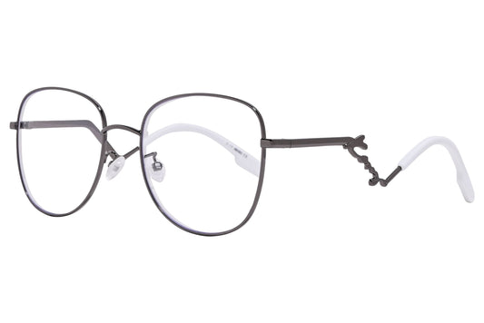 kenzo geometric metal and white eyeglasses frame viewed from a 45-degree angle.