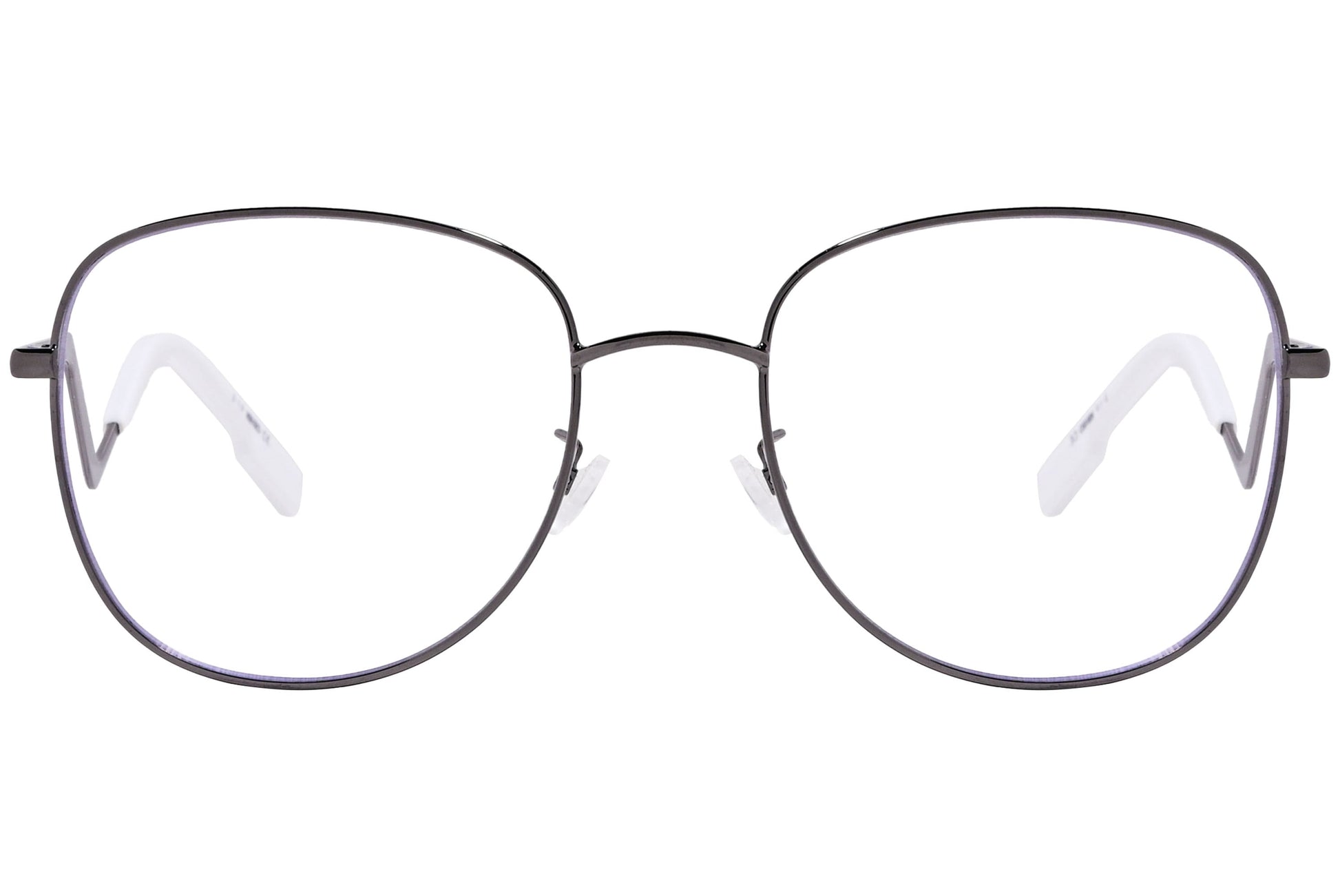 kenzo geometric metal and white eyeglasses frame viewed from front angle.