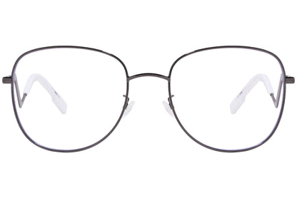 kenzo geometric metal and white eyeglasses frame viewed from front angle.