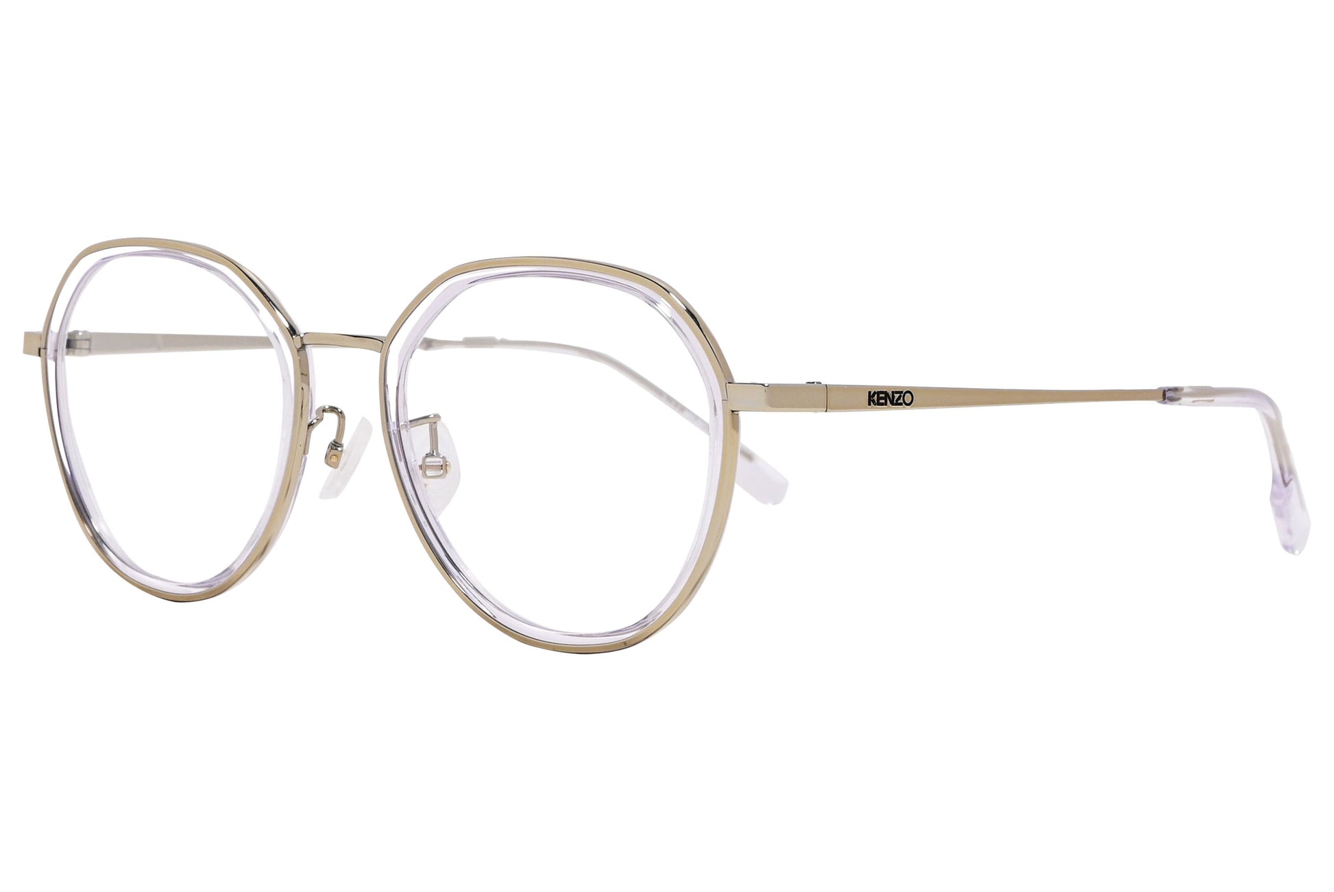 kenzo geometric light gold eyeglasses frame viewed from a 45-degree angle.