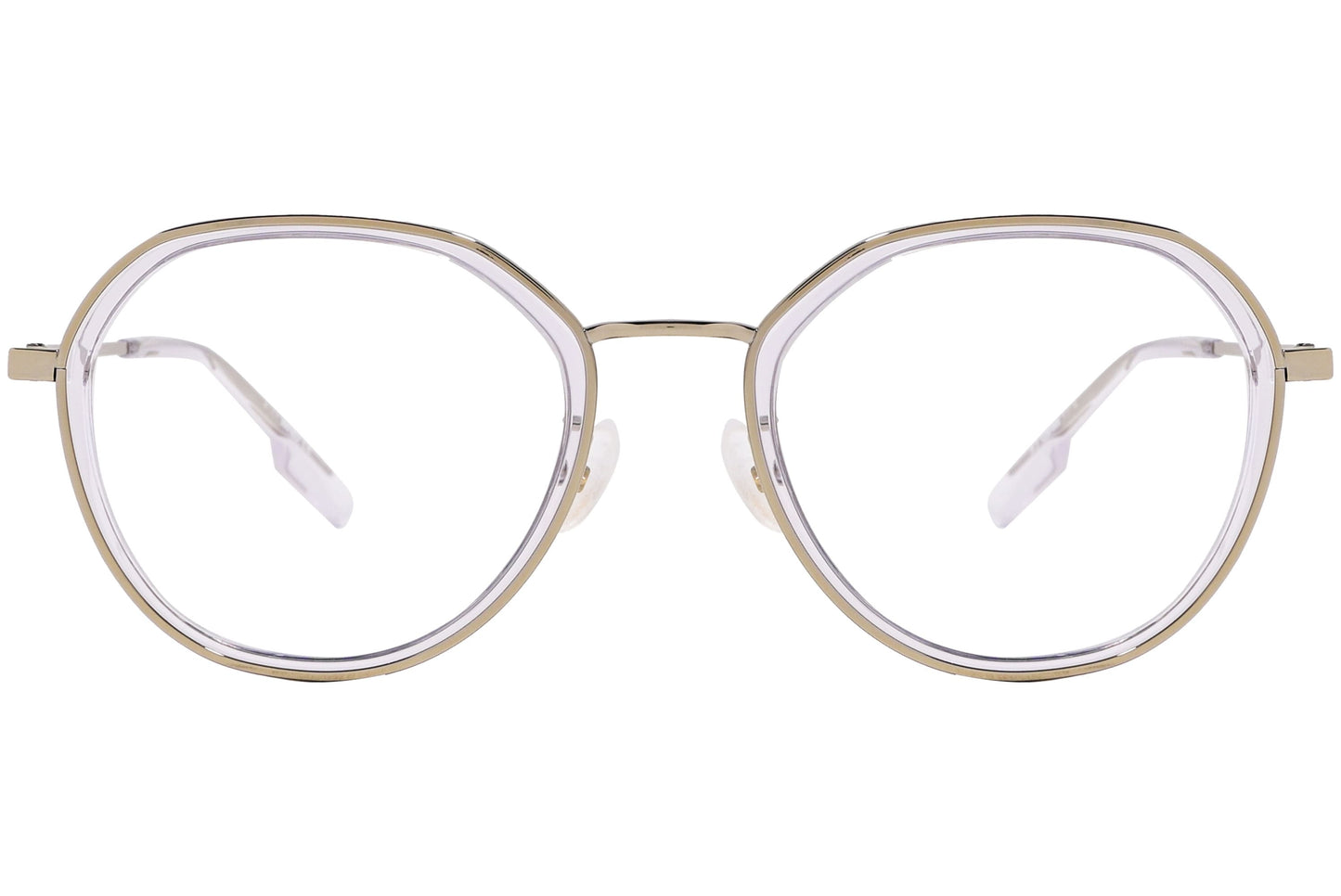 kenzo geometric light gold eyeglasses frame viewed from front angle.