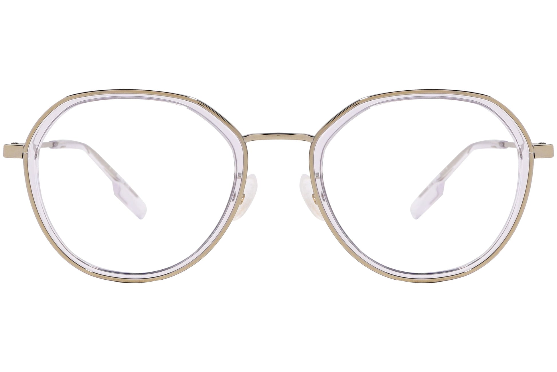 kenzo geometric light gold eyeglasses frame viewed from front angle.