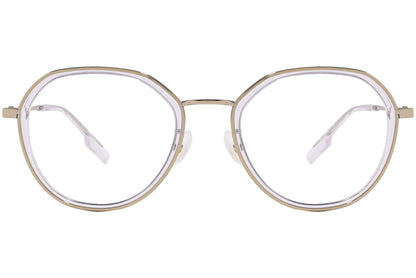 kenzo geometric light gold eyeglasses frame viewed from front angle.