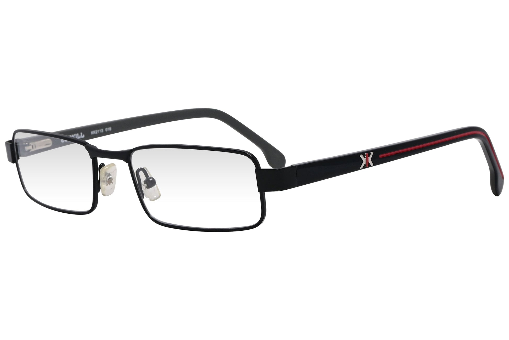 kiss & kill rectangle black eyeglasses frame viewed from a 45-degree angle.