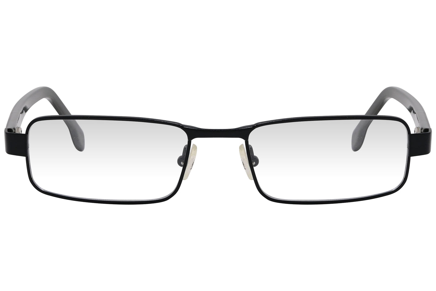 kiss & kill rectangle black eyeglasses frame viewed from front angle.