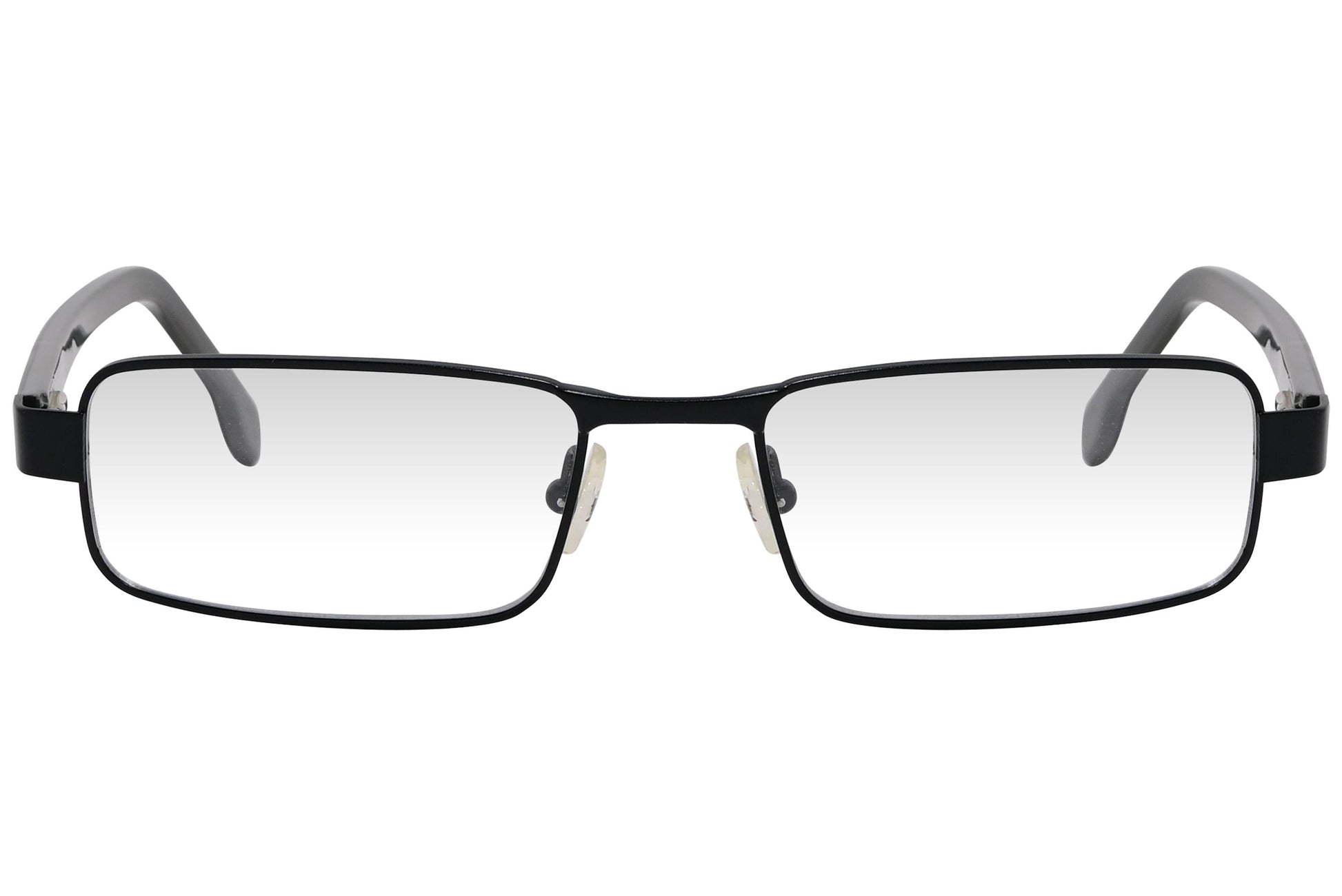 kiss & kill rectangle black eyeglasses frame viewed from front angle.