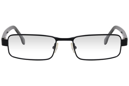 kiss & kill rectangle black eyeglasses frame viewed from front angle.