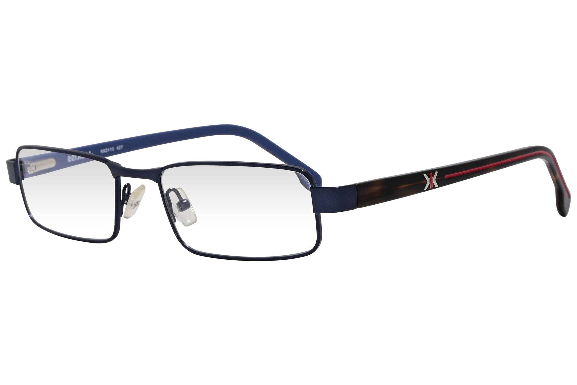 kiss & kill rectangle blue eyeglasses frame viewed from a 45-degree angle.