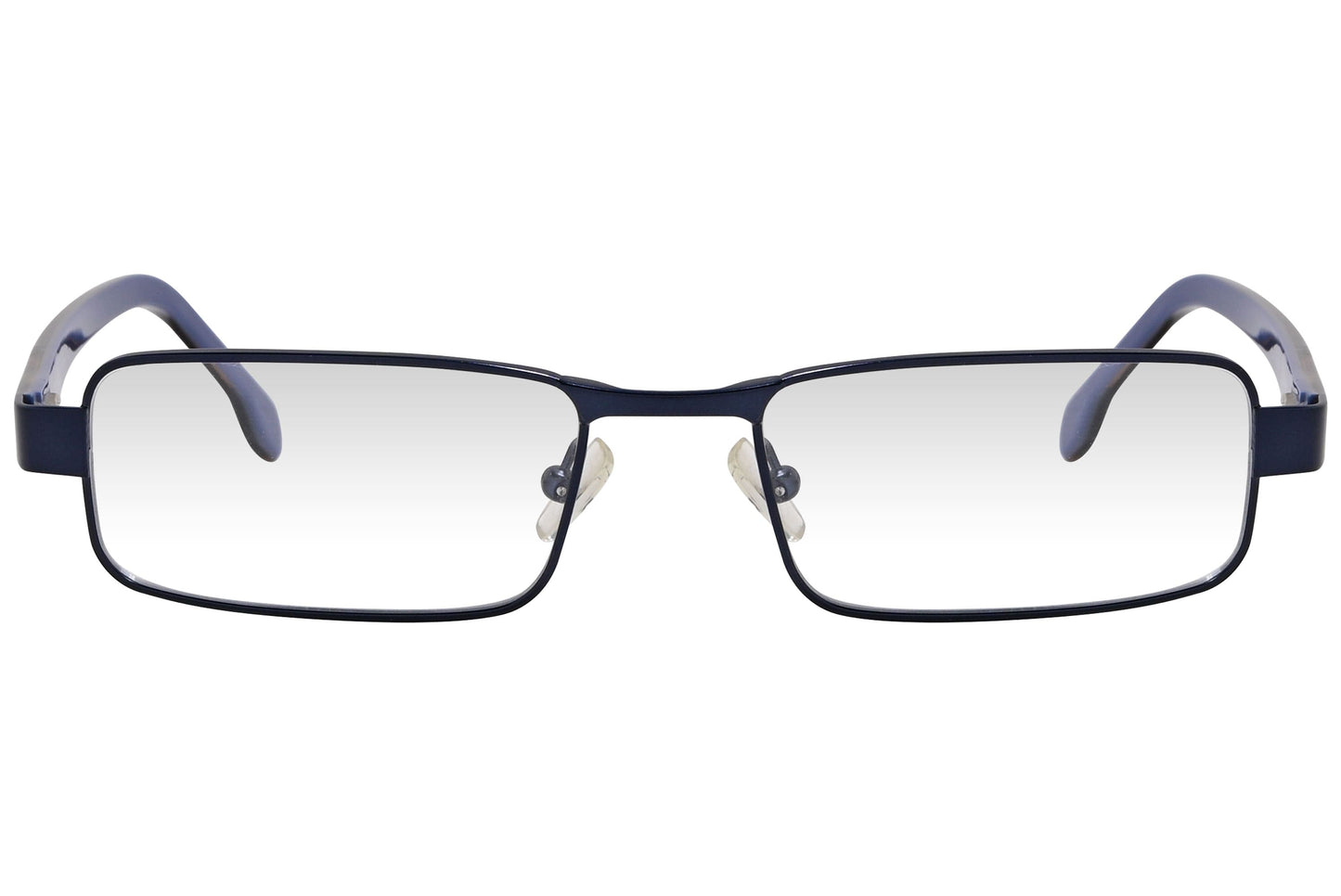 kiss & kill rectangle blue eyeglasses frame viewed from front angle.