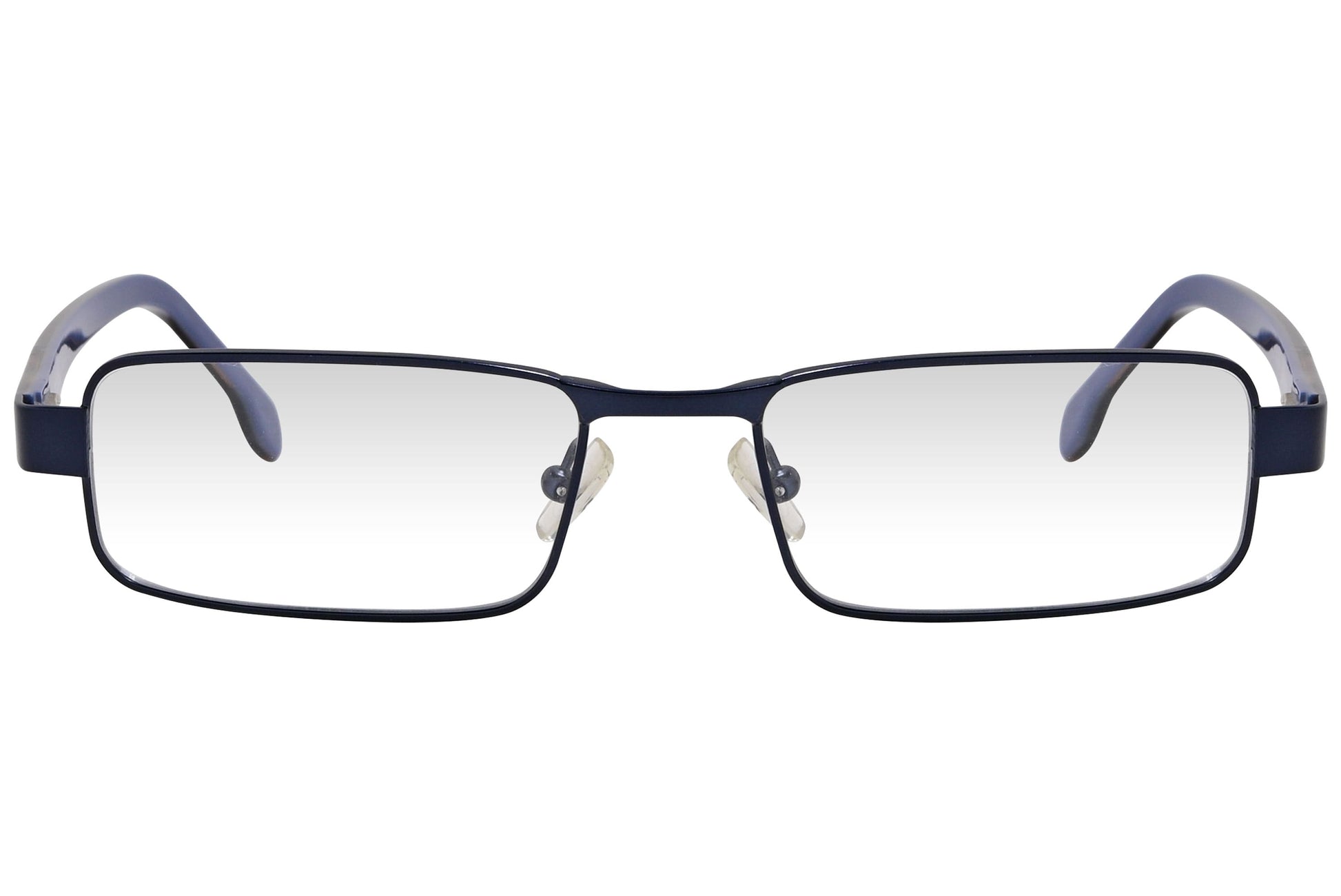 kiss & kill rectangle blue eyeglasses frame viewed from front angle.