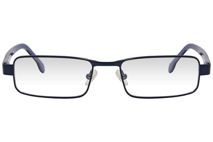 kiss & kill rectangle blue eyeglasses frame viewed from front angle.