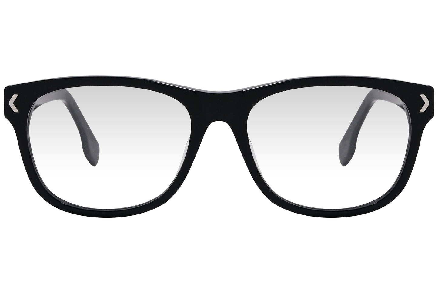 kiss & kill wayfarer black eyeglasses frame viewed from front angle.