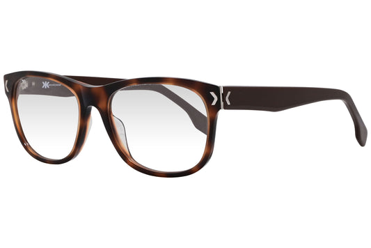 kiss & kill wayfarer tortoise eyeglasses frame viewed from a 45-degree angle.