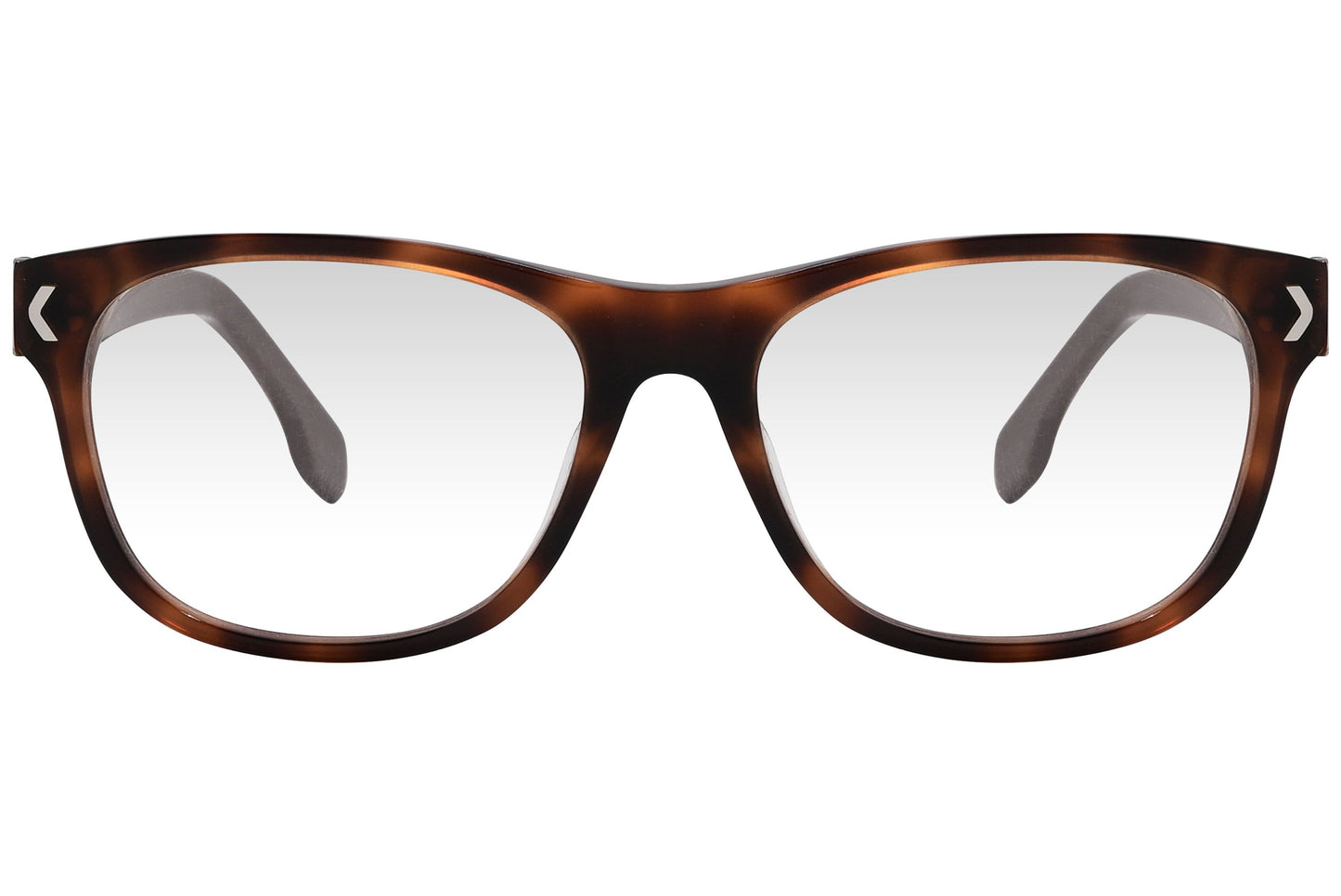 kiss & kill wayfarer tortoise eyeglasses frame viewed from front angle.