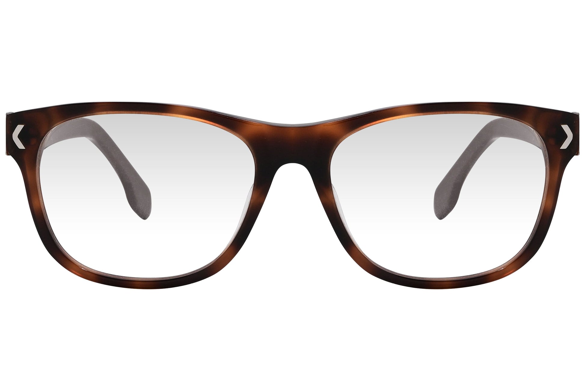 kiss & kill wayfarer tortoise eyeglasses frame viewed from front angle.