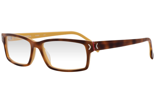 kiss & kill rectangle brown eyeglasses frame viewed from a 45-degree angle.