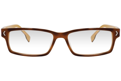 kiss & kill rectangle brown eyeglasses frame viewed from front angle.