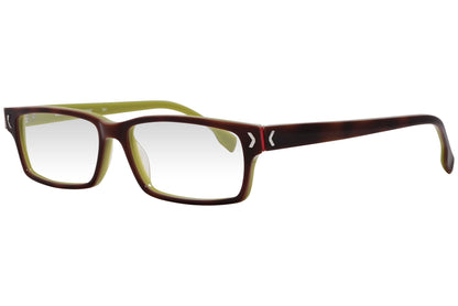 kiss & kill rectangle brown eyeglasses frame viewed from a 45-degree angle.